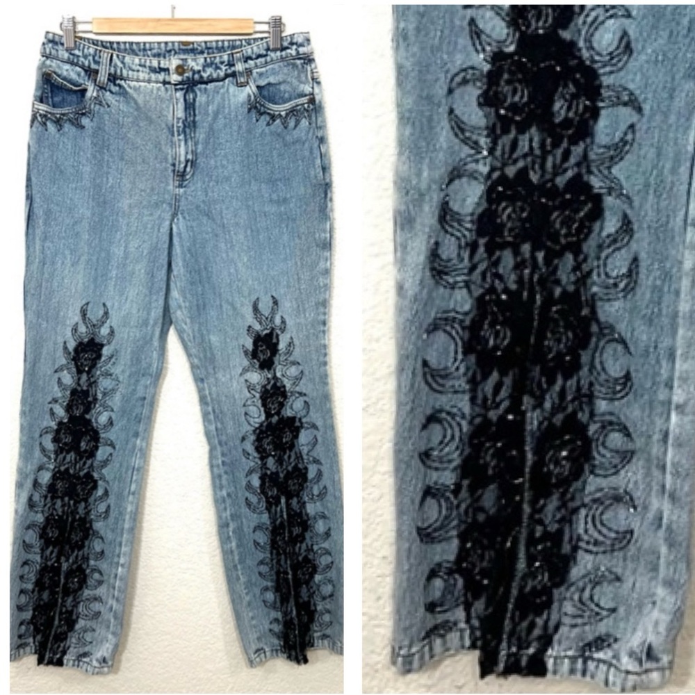 Vintage Y2K Jeanology Jeans Flare Black Lace Size 12